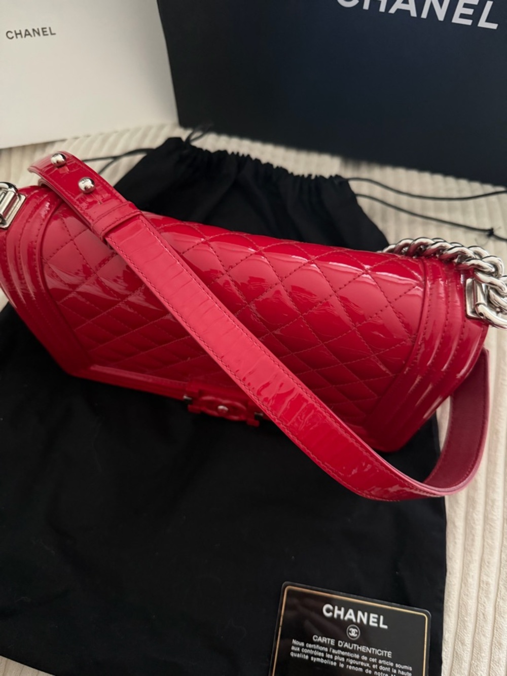 CHANEL Red Quilted Boy Shoulder Bag with Silver Chain - Picture 7 of 13